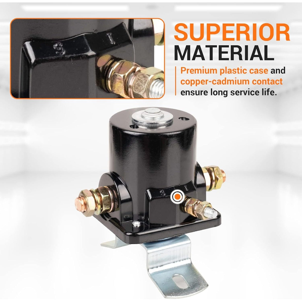 SFD6025 12V 3-terminal starter solenoid relay for Ford tractors with close-up view of terminal markings.