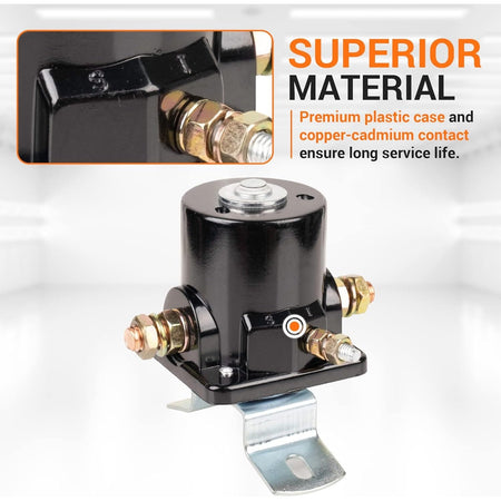 SFD6025 12V 3-terminal starter solenoid relay for Ford tractors with close-up view of terminal markings.