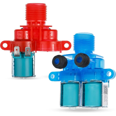 Red hot water and blue cold water inlet valves for Whirlpool and Maytag washing machines.