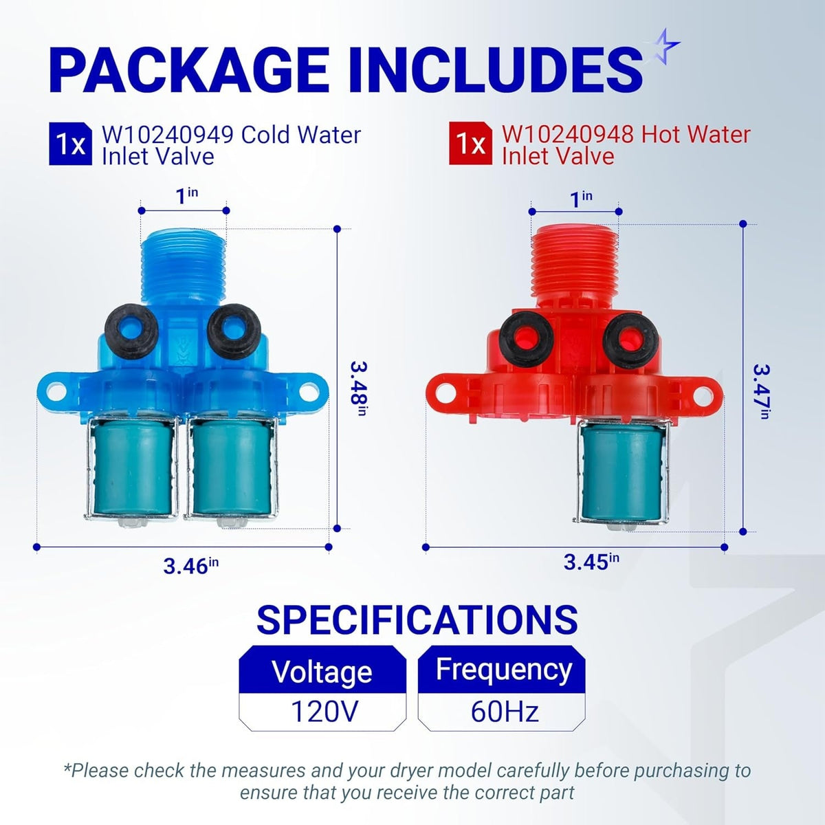 W10240948 hot and W10240949 cold water inlet valves for Whirlpool washers with dimension specifications.