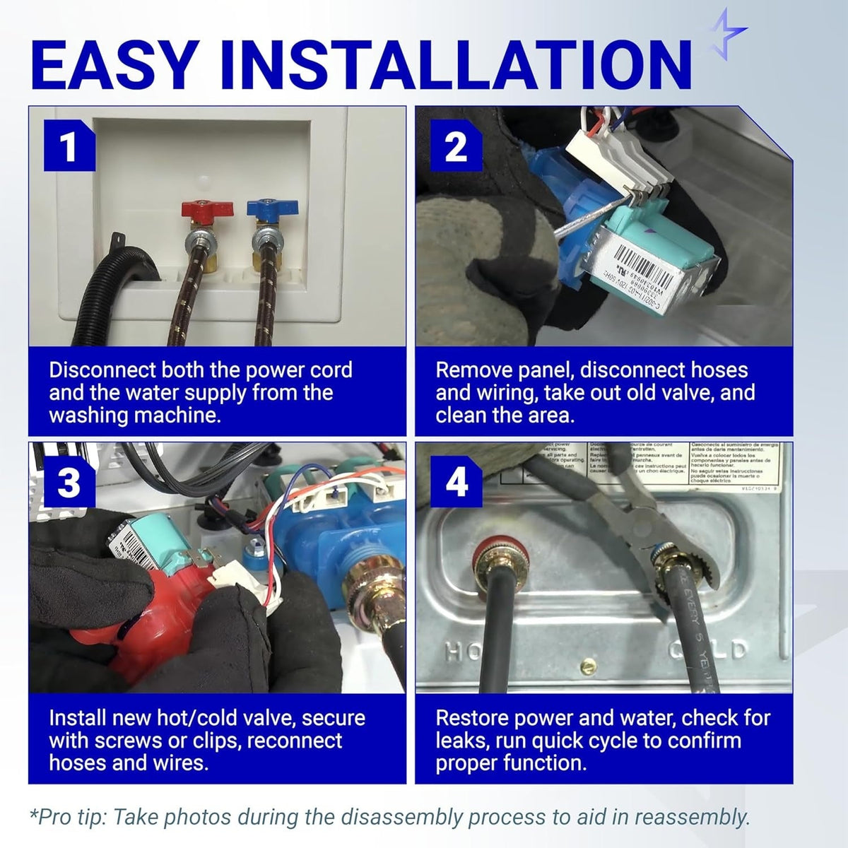 Four-step installation guide for W10240948 and W10240949 washer water inlet valves on Whirlpool and Maytag machines.