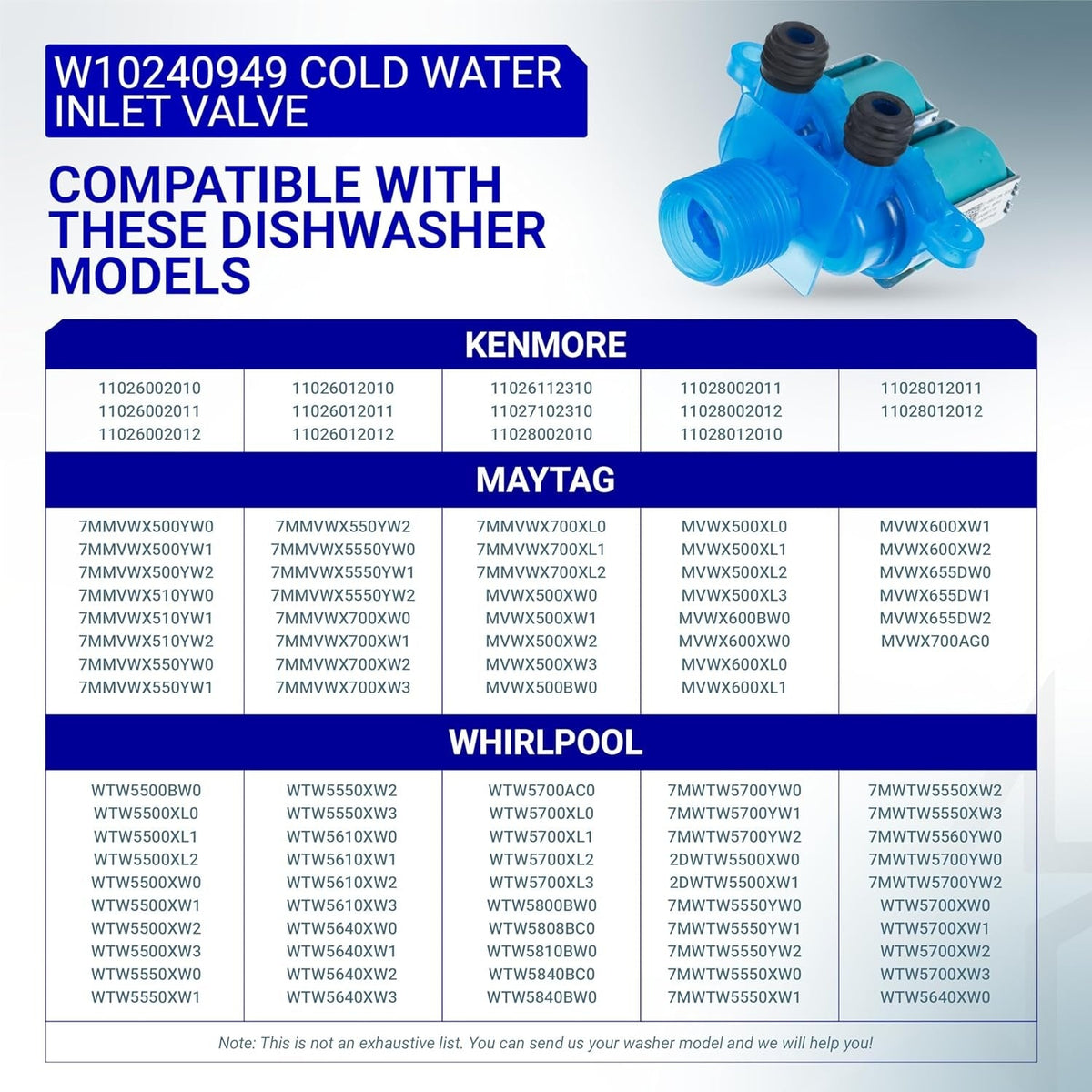 W10240949 cold water inlet valve for Whirlpool and Maytag washers with compatibility chart.