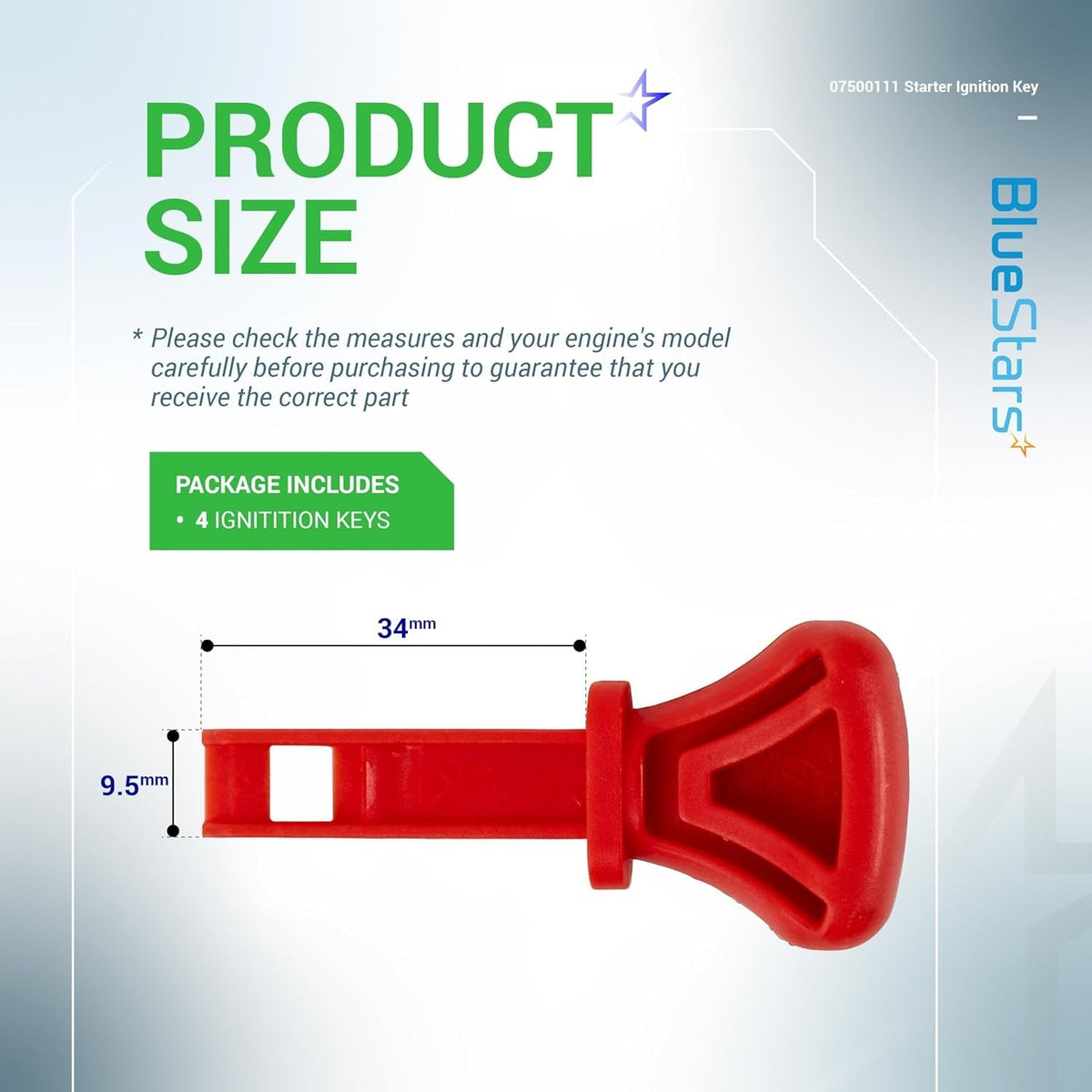Dimensional diagram of 07500111 snow thrower starter ignition key showing 34mm length and 9.5mm width.