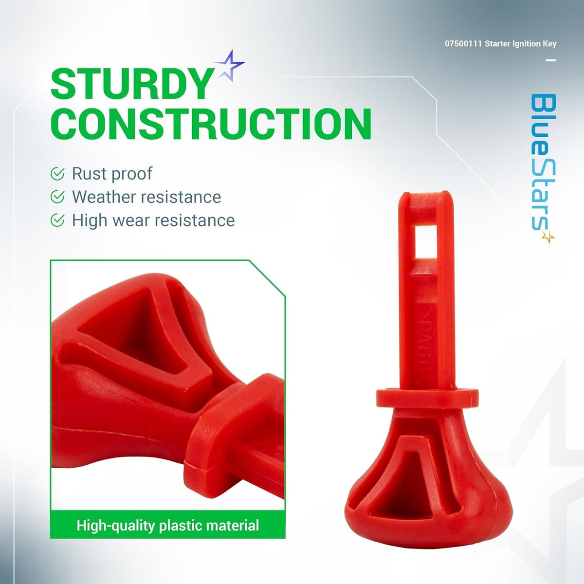 Close-up view of a red 07500111 snow thrower starter ignition key made of durable plastic.