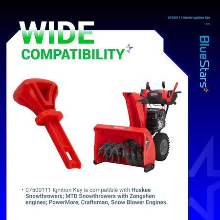 Red 07500111 snow thrower ignition key shown next to a compatible red snowblower.