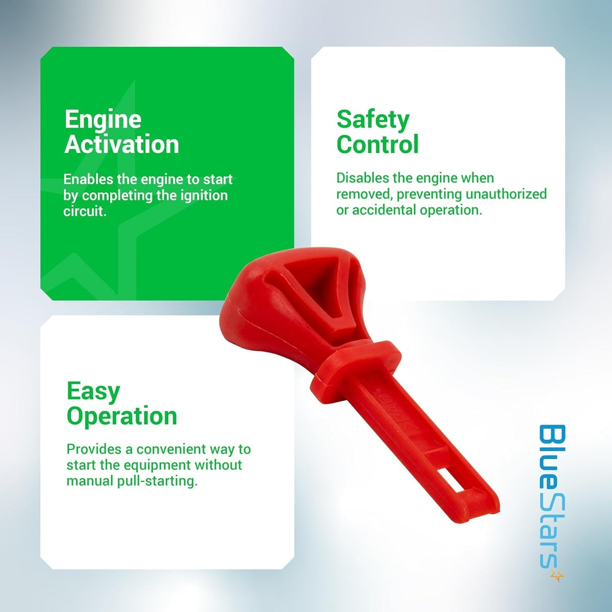 Single red ignition safety key for snow thrower engine activation and control.