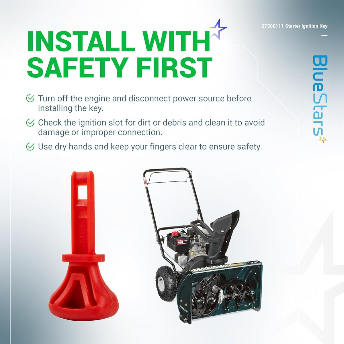 Safety installation guide for 07500111 snow thrower starter ignition key with snowblower illustration.