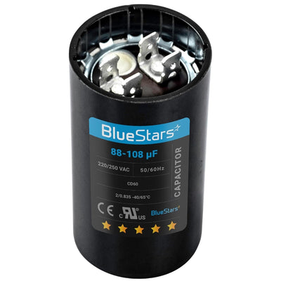 88-108 uF 220-250 VAC round motor start capacitor with dual terminal connectors.