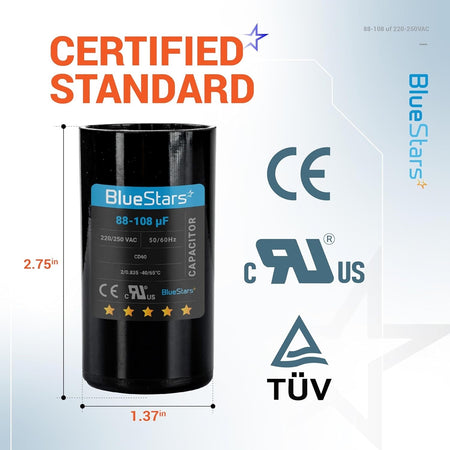 BlueStars 88-108 uF 220-250 VAC round motor start capacitor with dimensions labeled on a technical specification graphic.