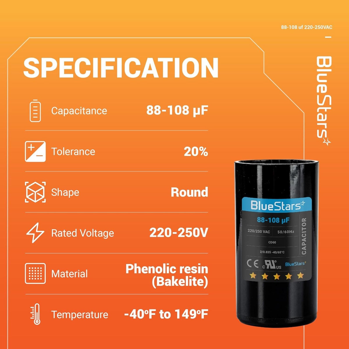 Specification chart for 88-108 uF 220-250 VAC round motor start capacitor with technical details.