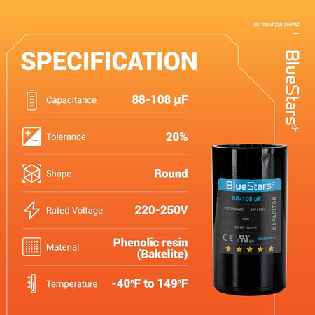 Specification chart for 88-108 uF 220-250 VAC round motor start capacitor with technical details.