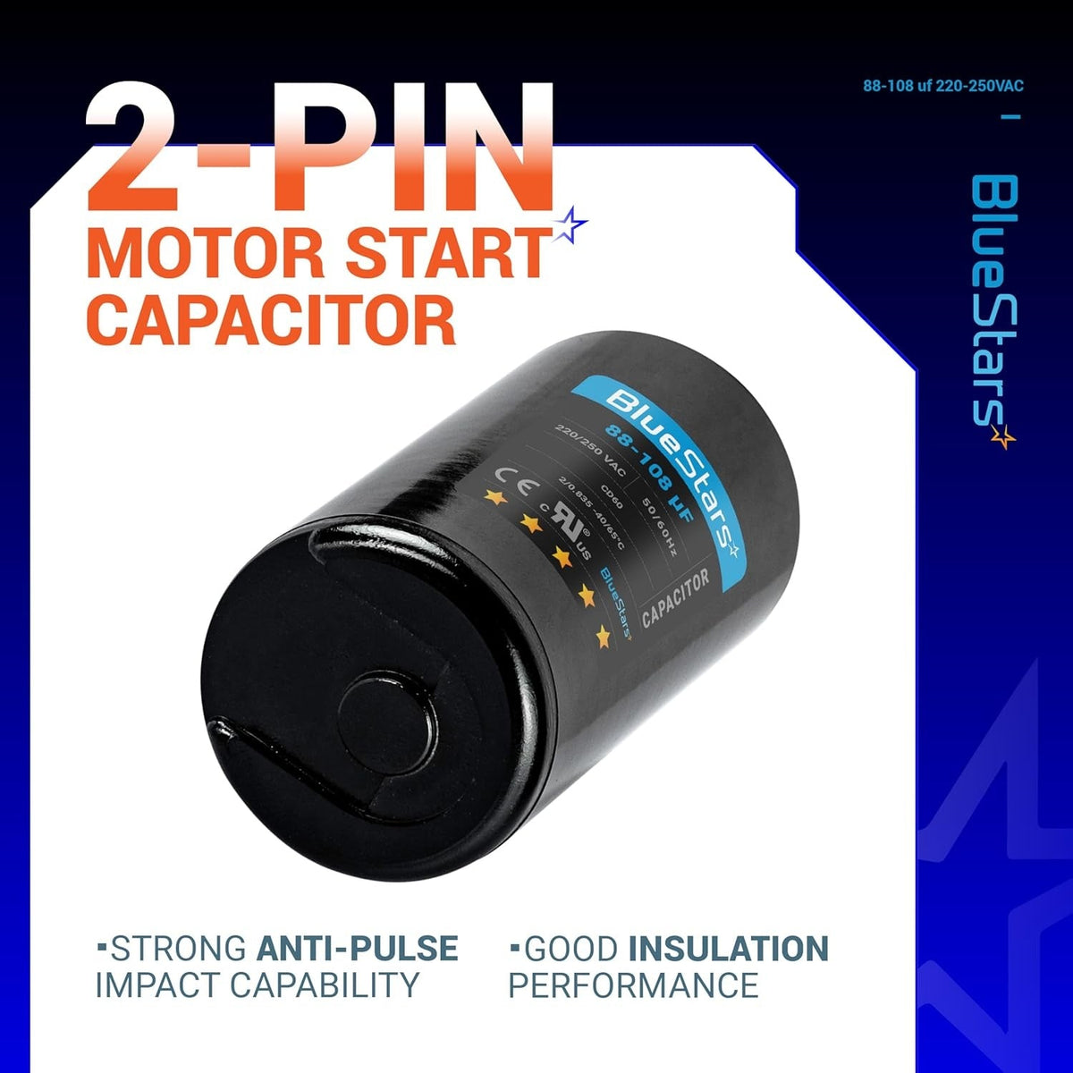 88-108 uF 220-250 VAC round motor start capacitor with 2-pin design for AC motors and heat pumps.