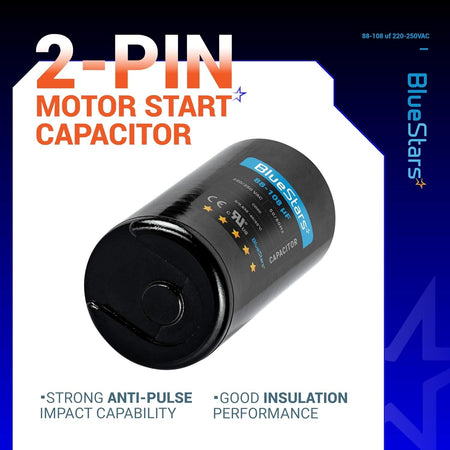 88-108 uF 220-250 VAC round motor start capacitor with 2-pin design for AC motors and heat pumps.