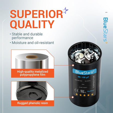 Infographic showing 88-108 uF 220-250 VAC motor start capacitor features, including metalized film and phenolic resin.