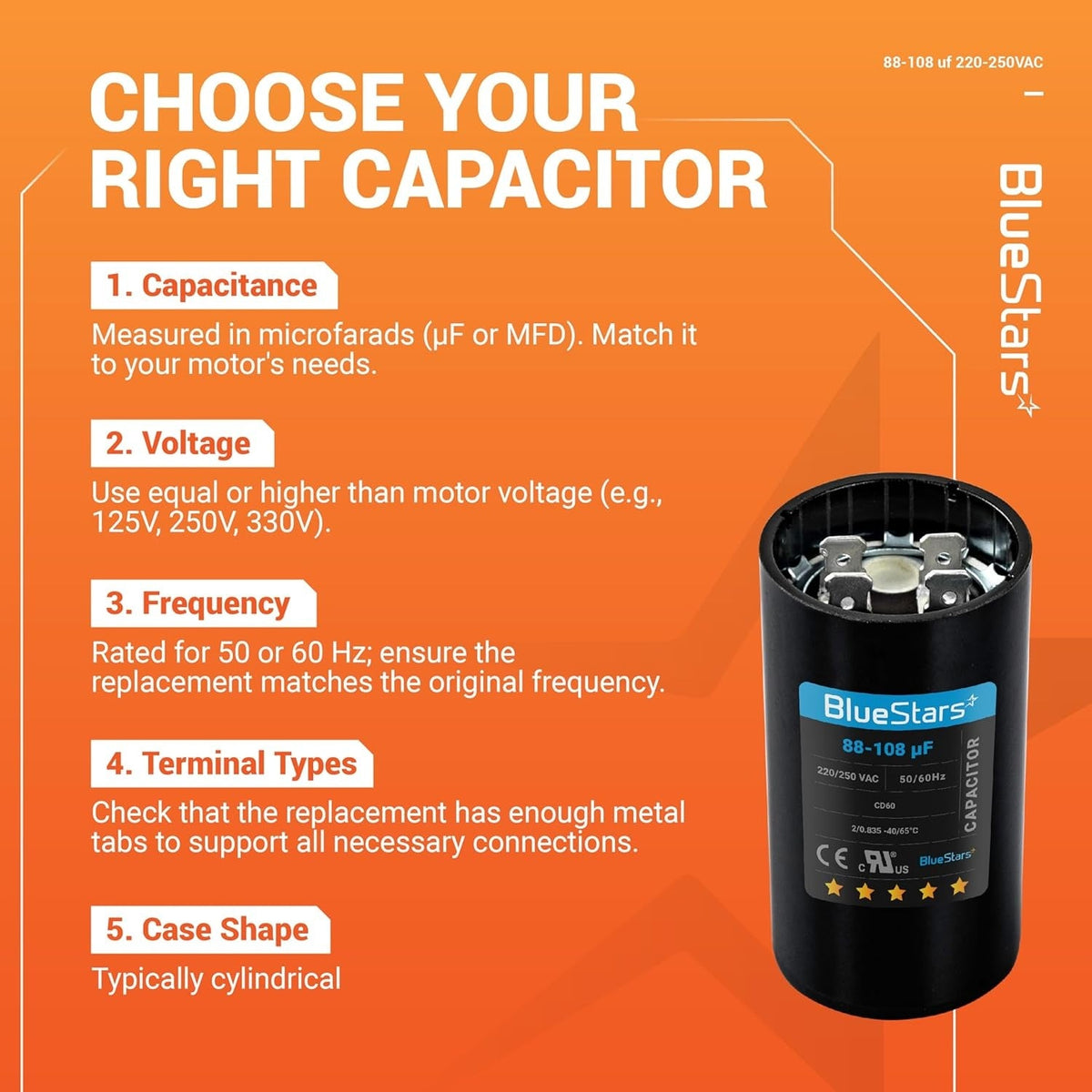 Educational infographic showing how to select an 88-108 uF 220-250 VAC round motor start capacitor for AC motors.