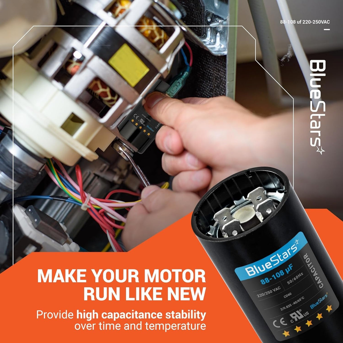 Technician installing an 88-108 uF 220-250 VAC round motor start capacitor into an AC motor.