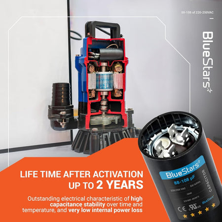 88-108 uF 220-250 VAC round motor start capacitor shown with a cross-section of an AC motor pump.