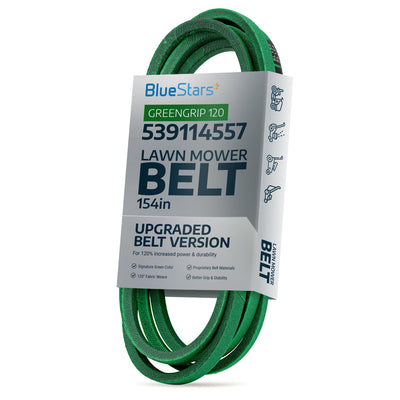 Green 539114557 replacement deck belt for Husqvarna zero turn mowers in BlueStars branded packaging.