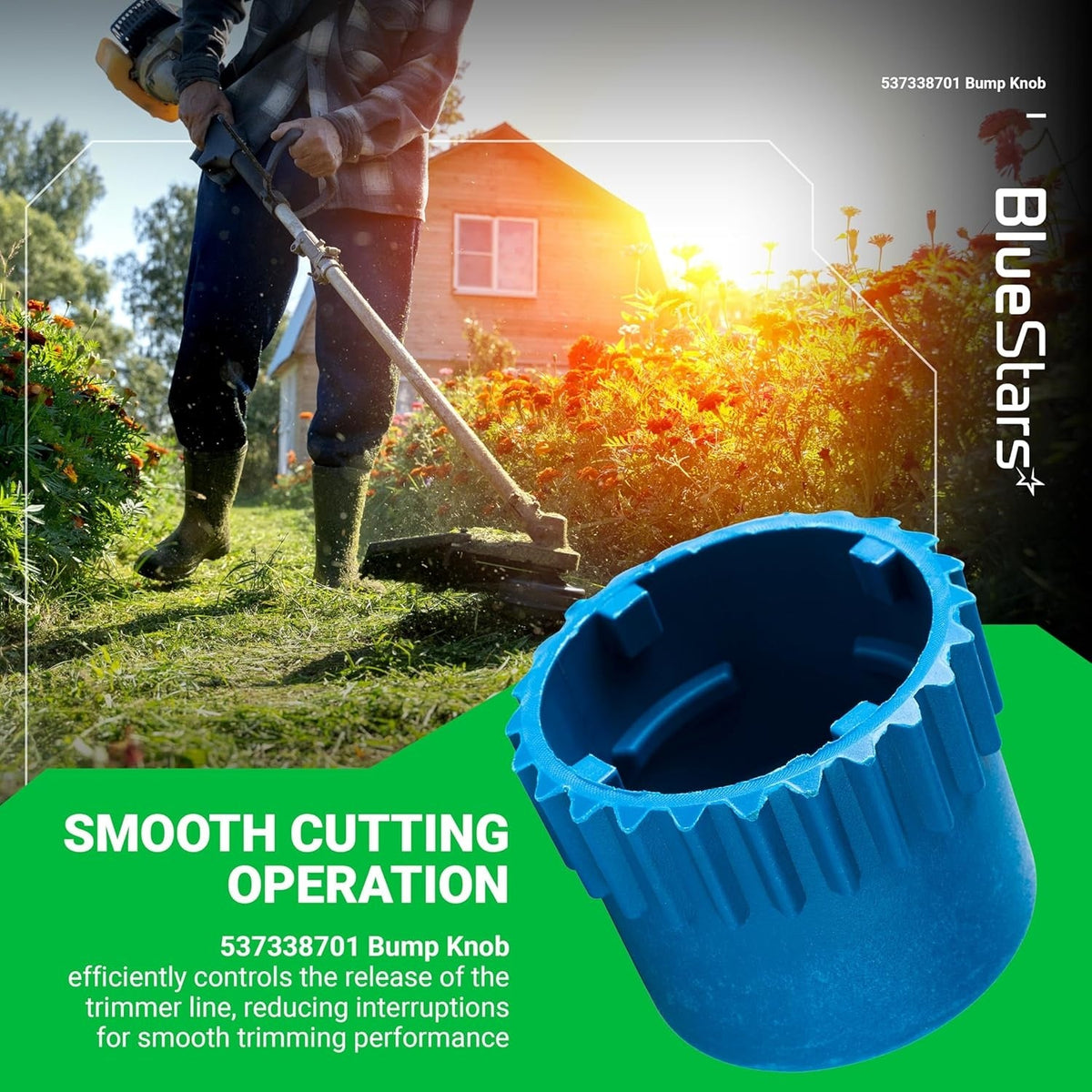Blue 537338701 trimmer head bump knob for Husqvarna T25 heads shown in a lifestyle product graphic.
