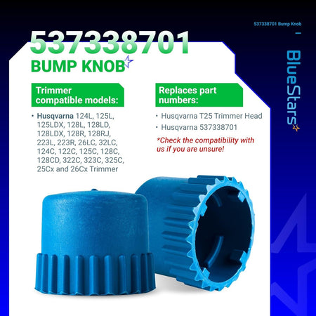 Two blue 537338701 trimmer head bump knobs for Husqvarna T25 heads shown on an informational product card.