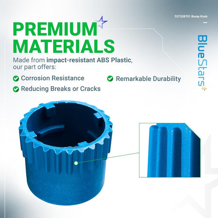 Close-up of 537338701 trimmer head bump knob for Husqvarna T25, highlighting durable blue ABS plastic construction.