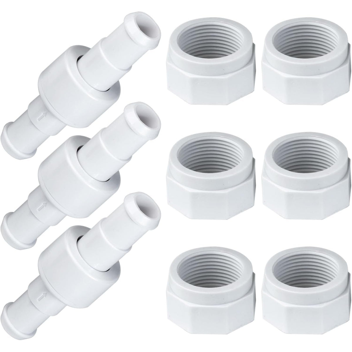 Set of three D20 pool cleaner hose swivels and six D15 hose nuts for Zodiac Polaris pool cleaners.