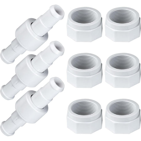Set of three D20 pool cleaner hose swivels and six D15 hose nuts for Zodiac Polaris pool cleaners.