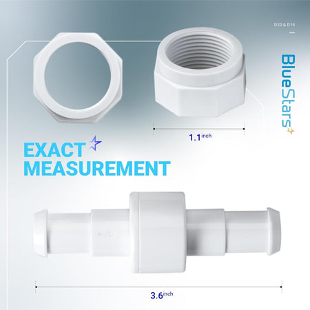 D20 pool cleaner hose swivel and D15 hose nut showing dimensions for Zodiac Polaris pool cleaner replacement parts.