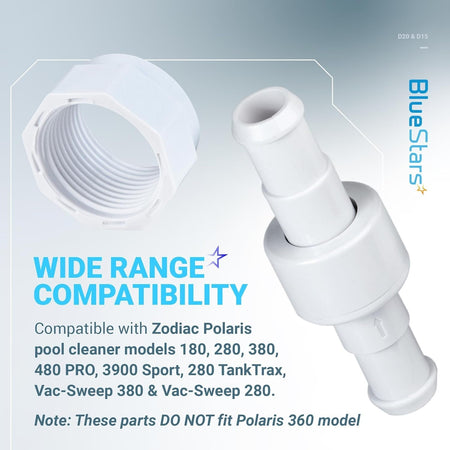D20 pool cleaner hose swivel and D15 hose nut replacement kit for Zodiac Polaris pool cleaners.