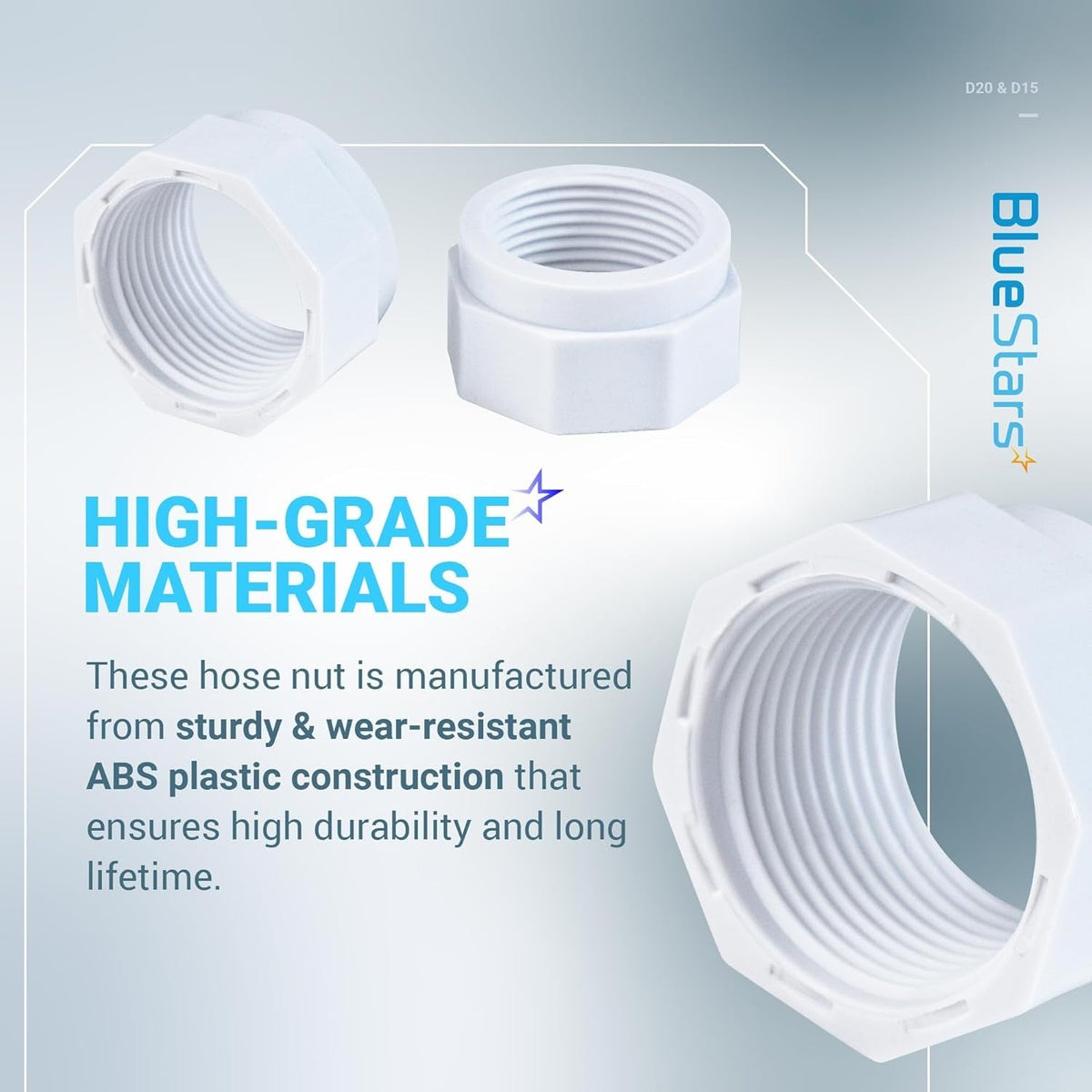 D15 hose nut replacement for Zodiac Polaris pool cleaners, showing durable white ABS plastic construction.