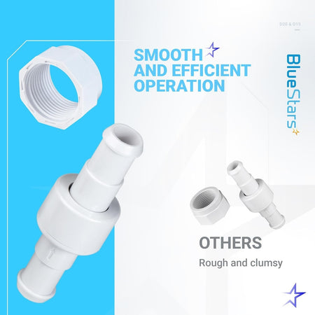 Comparison graphic showing D20 pool cleaner hose swivel and D15 hose nut for Zodiac Polaris cleaners.