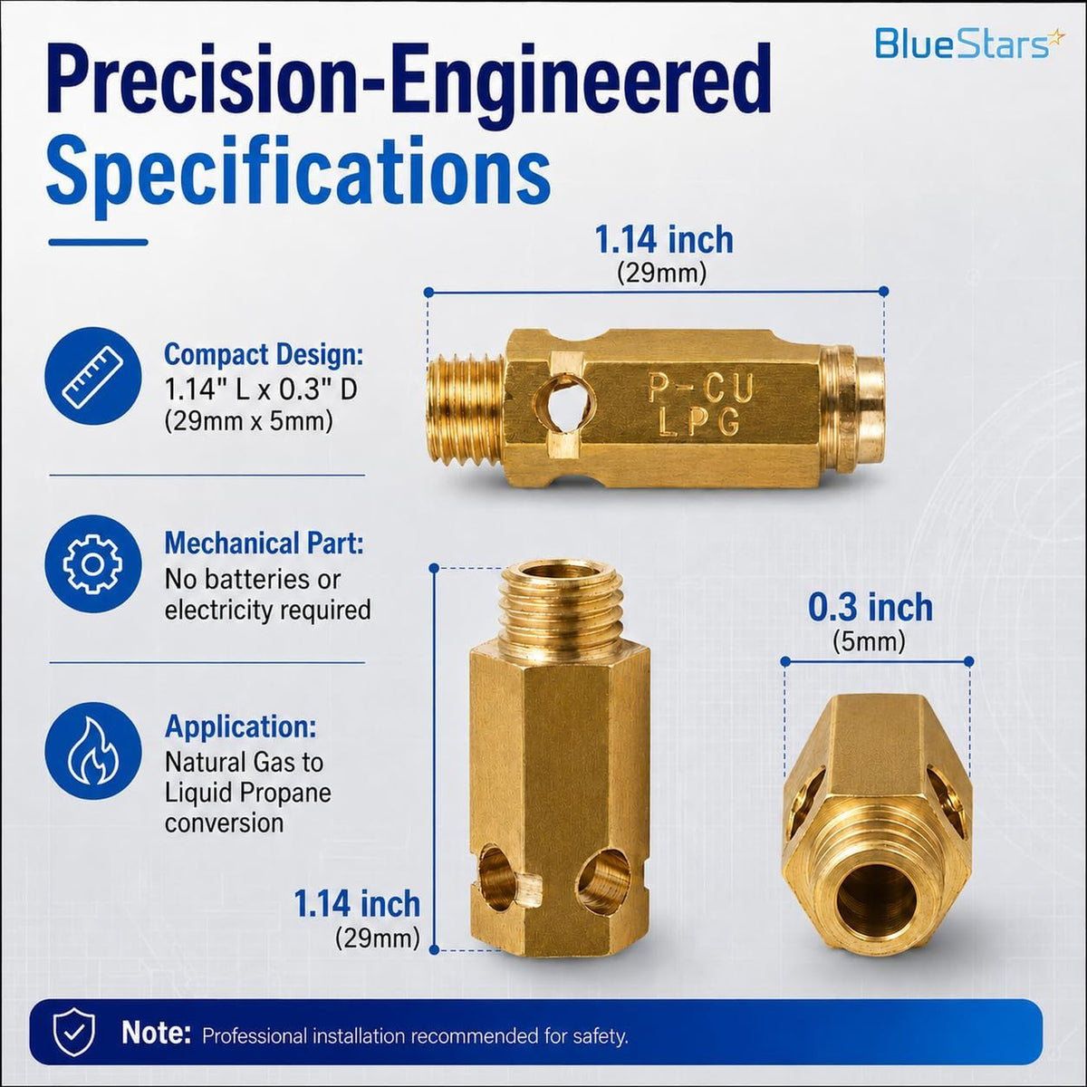 383EEL3002D Dryer LP Gas Conversion Kit, specification diagram showing brass fitting with 1.14-inch and 0.3-inch dimensions