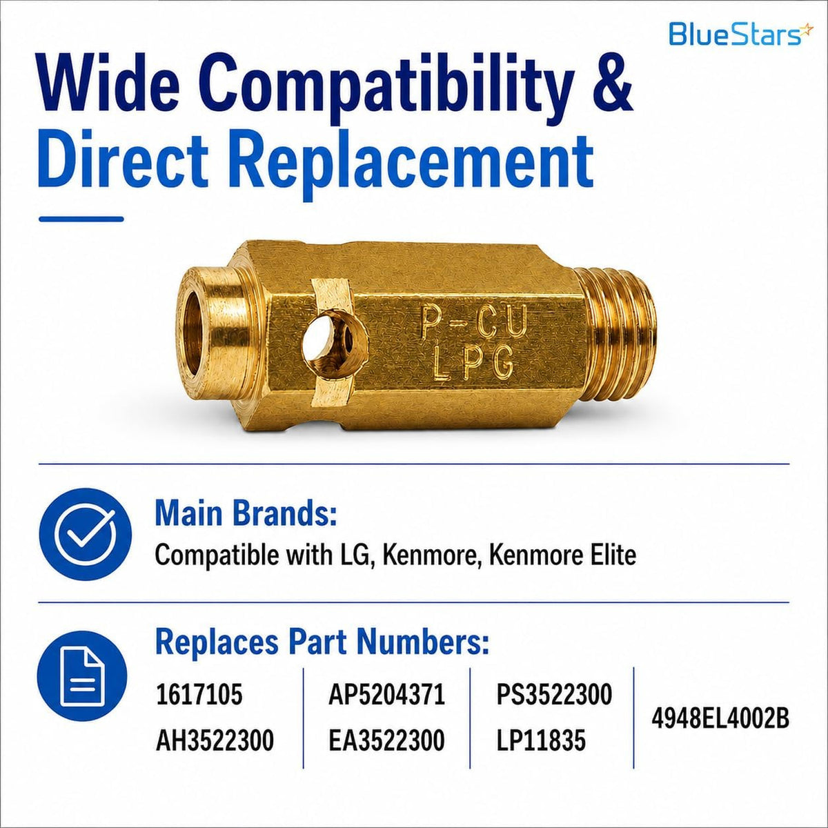383EEL3002D Dryer LP Gas Conversion Kit graphic showing brass valve, compatible brands, and replacement part numbers
