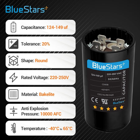 BlueStars 124-149 uF 220-250 VAC round start capacitor with technical specifications infographic.
