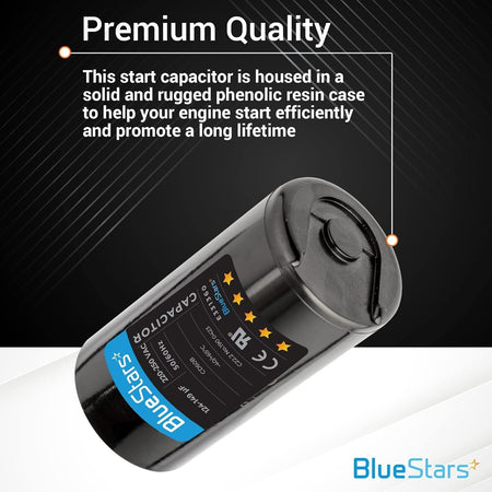 Single 124-149 uF 220-250 VAC round start capacitor in a black phenolic resin case with product label details.
