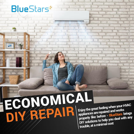 Woman relaxing on a couch under a functioning air conditioner, promoting BlueStars HVAC DIY repair solutions.
