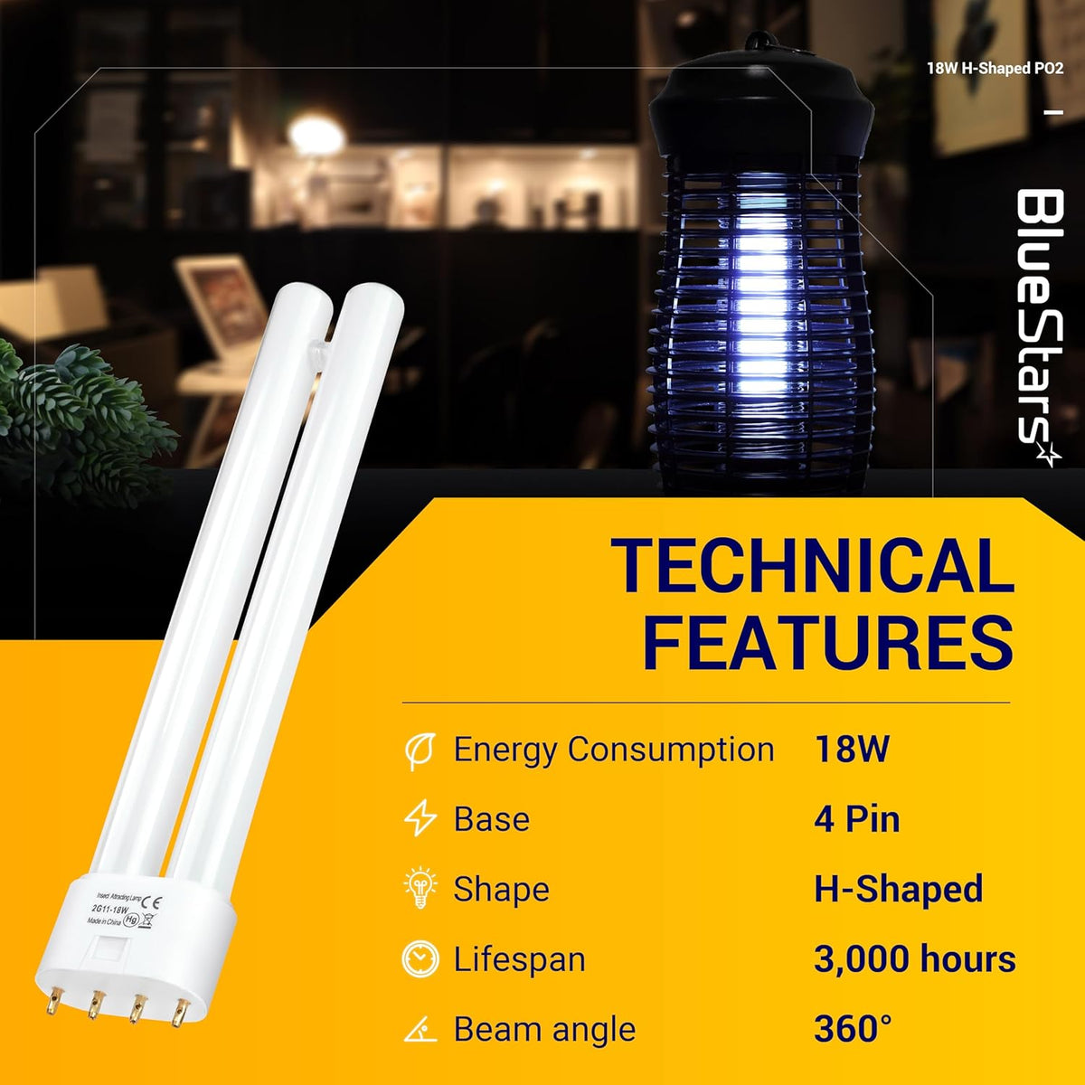 Single 18W H-shaped 2G11 bulb with 4-pin base shown next to an insect zapper and technical specifications.