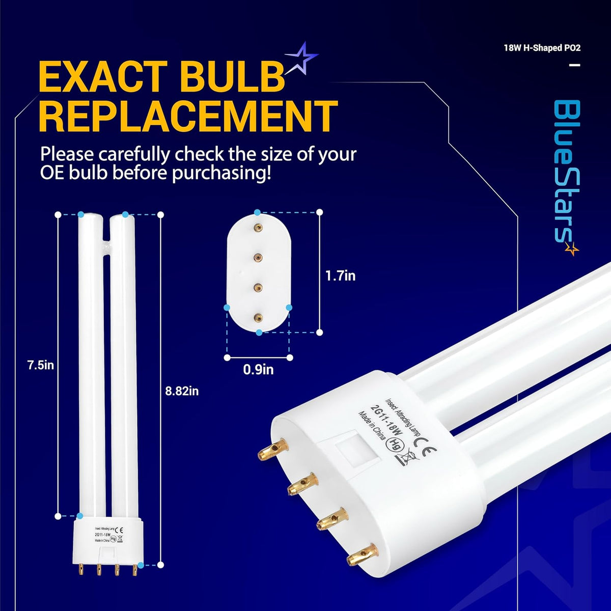 Dimensional diagram of 2G11 18W H-shaped replacement bulb showing 4-pin base and length measurements.