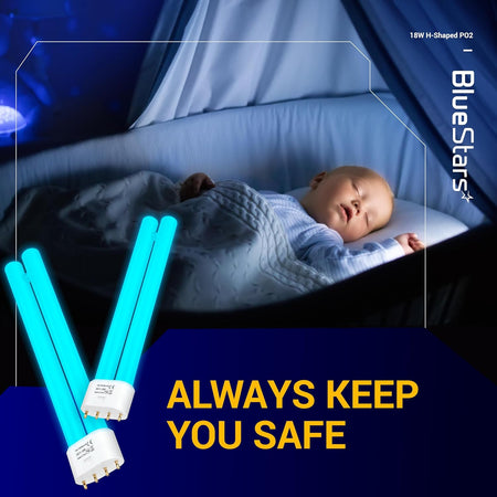 Two 18W 2G11 H-shaped insect trap replacement bulbs with 4-pin bases glowing blue.