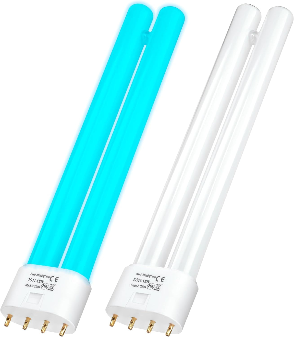 Two 18W 2G11 H-shaped insect attracting lamp tubes with 4-pin bases.