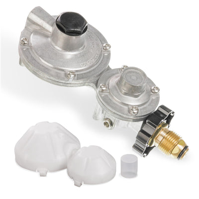 2-stage propane regulator with POL connection and protective plastic caps on a white background.