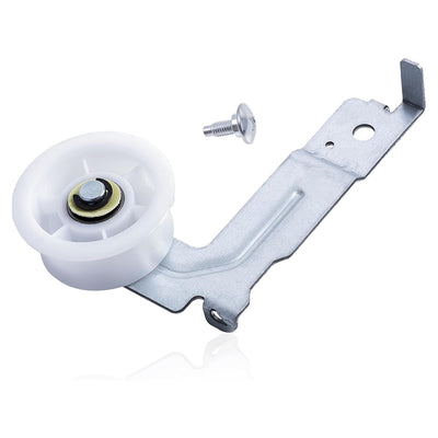 DC93-00634A dryer idler pulley assembly with white wheel, metal mounting bracket, and installation screw.