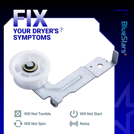 DC93-00634A dryer idler pulley assembly with white plastic wheel and metal mounting bracket for Samsung dryers.
