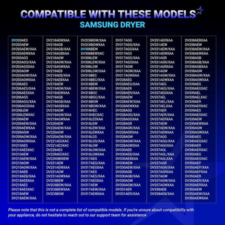 Compatibility chart listing Samsung dryer models for DC93-00634A idler pulley replacement.