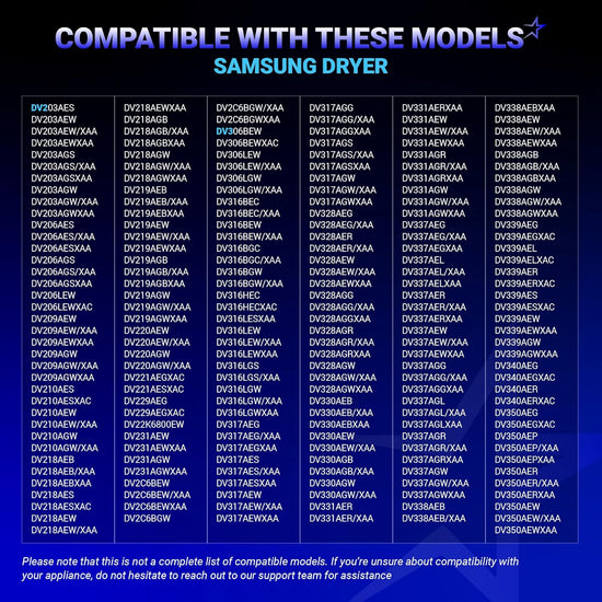 Compatibility chart listing Samsung dryer models for DC93-00634A idler pulley replacement.