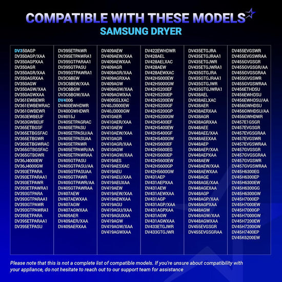 Compatibility chart for DC93-00634A dryer idler pulley listing various Samsung dryer model numbers.