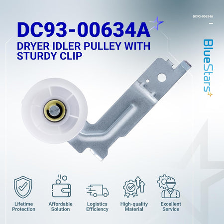 DC93-00634A dryer idler pulley with metal mounting bracket for Samsung dryers.