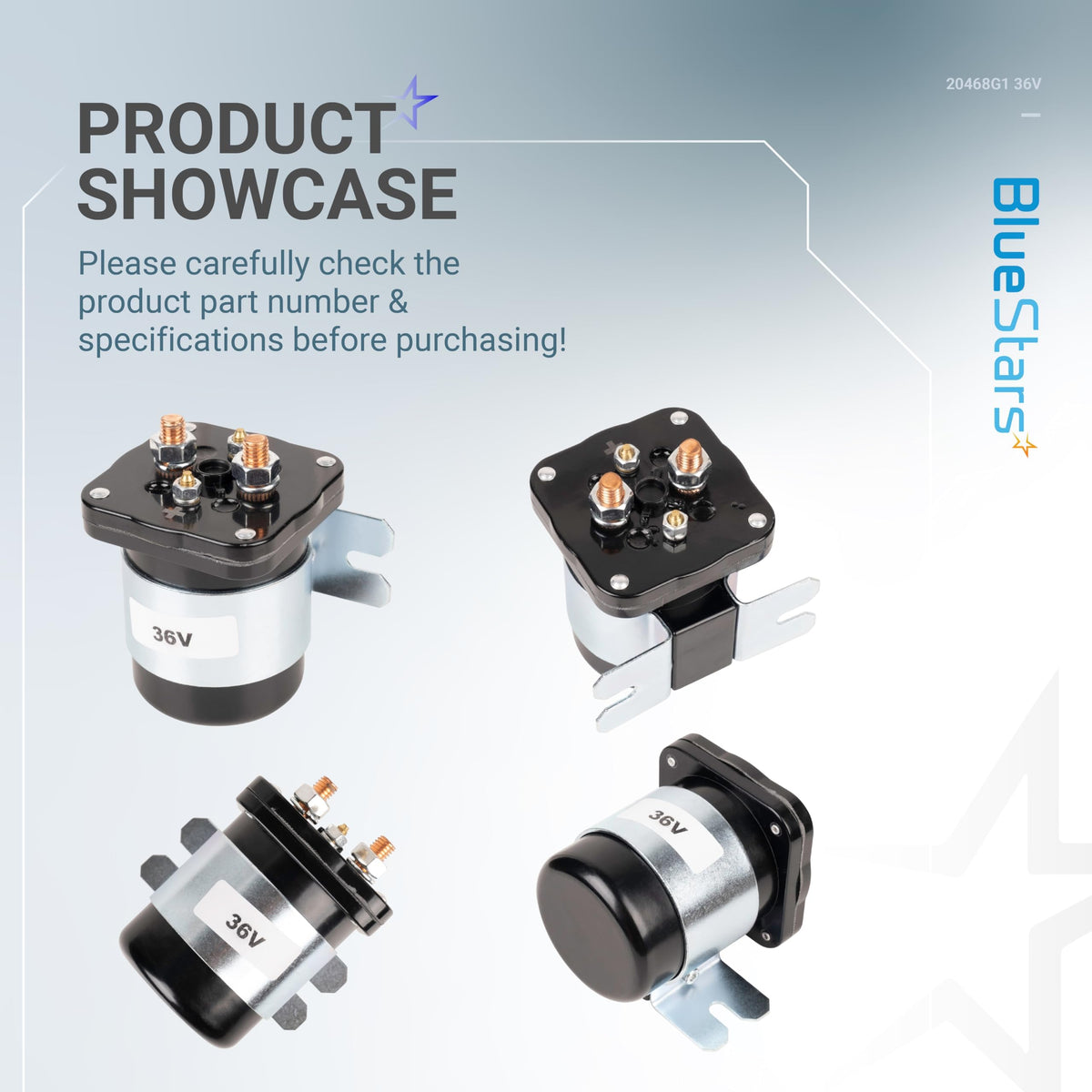 Multi-angle product showcase of 20468G1 36V 4-terminal golf cart solenoid for Club Car, EZGO, and Yamaha.