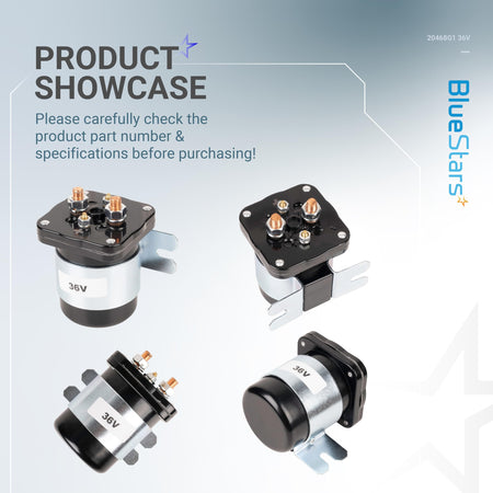 Multi-angle product showcase of 20468G1 36V 4-terminal golf cart solenoid for Club Car, EZGO, and Yamaha.