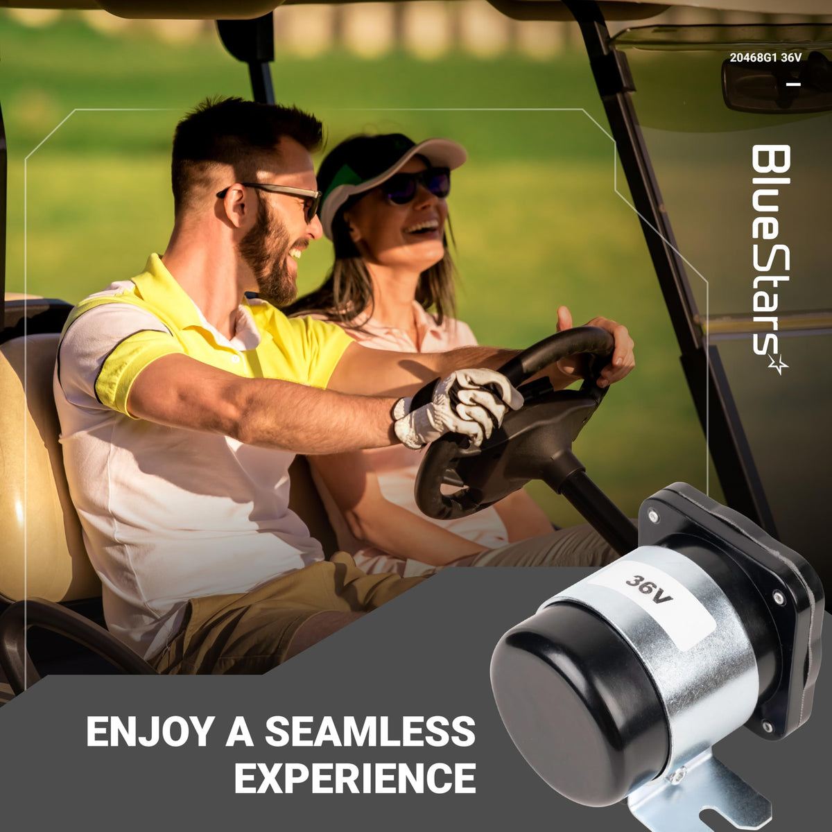 20468G1 36V 4-terminal golf cart solenoid shown with a couple driving a golf cart.